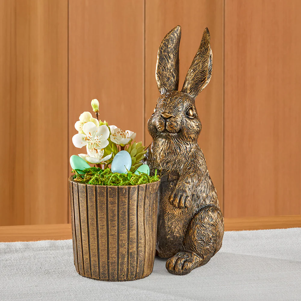 Bronze Bunny with Basket Figurine - Image 4