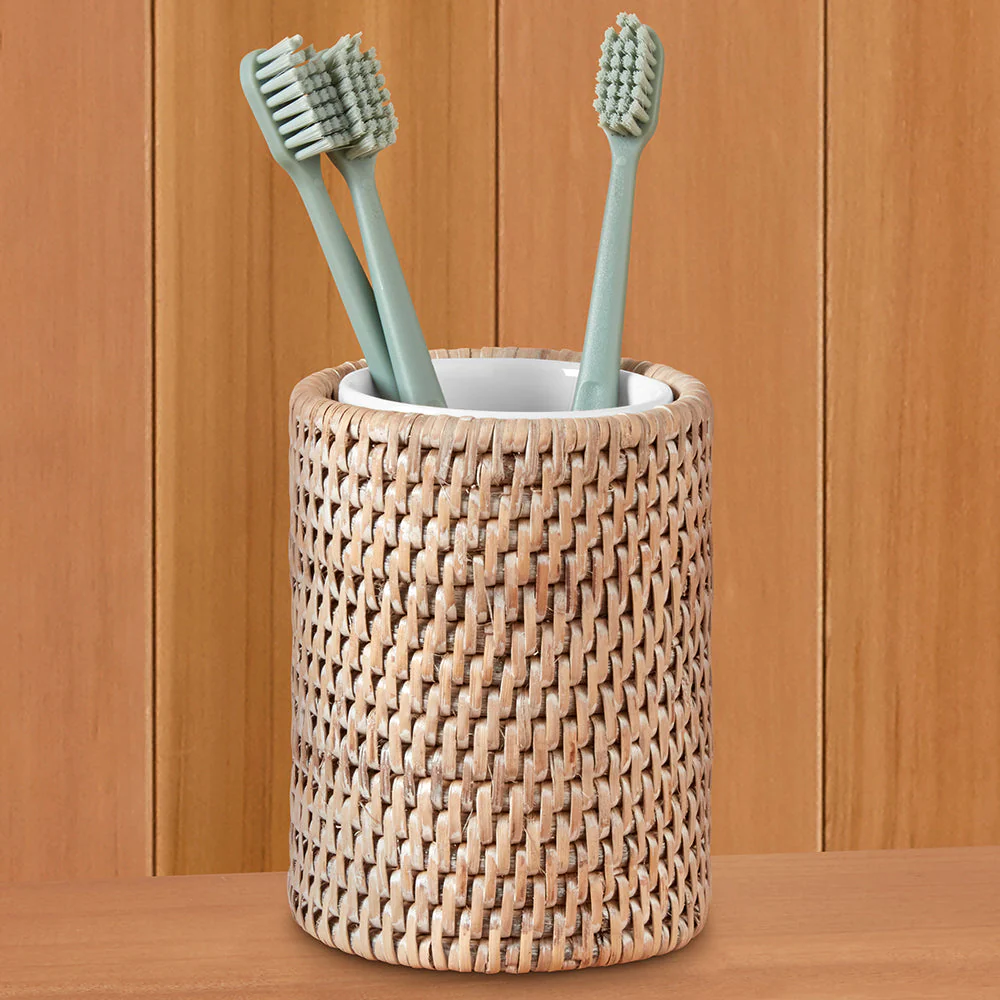 Burma Whitewashed Rattan Toothbrush Holder