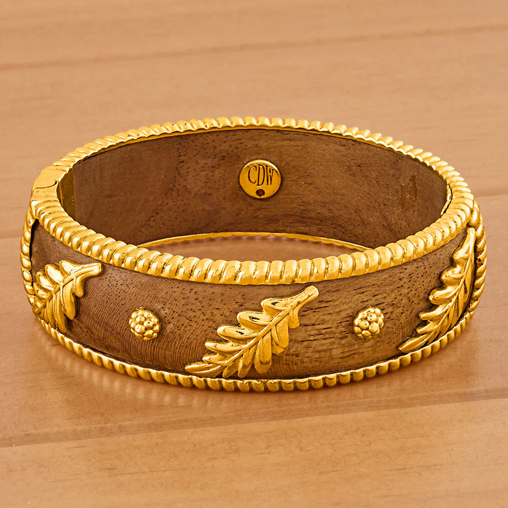 Capucine De Wulf Forest Walk Gold and Teak Oak Leaf Hinged Bangle Bracelet - Image 2