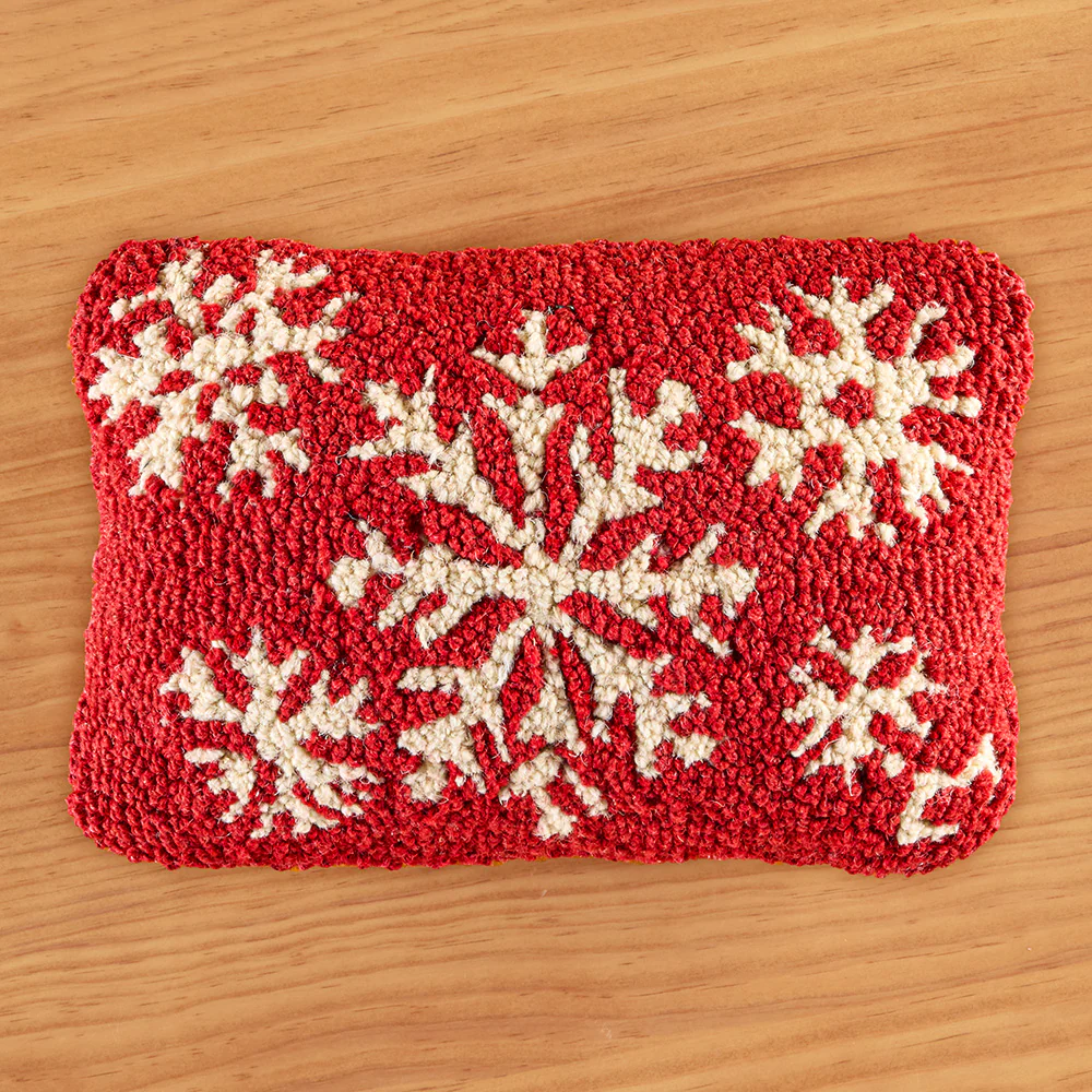 Chandler 4 Corners 12" x 8" Hooked Wool Pillow, White on Red Snowflakes