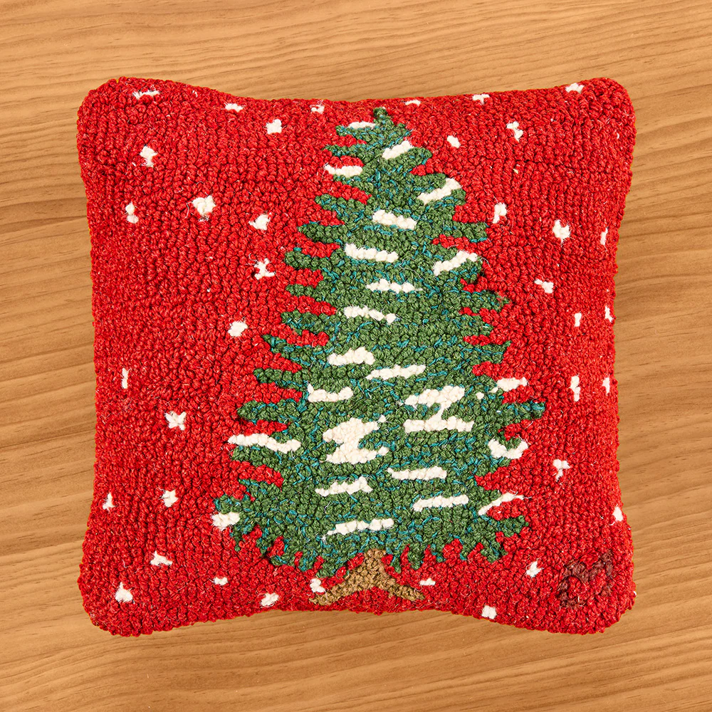 Chandler 4 Corners 14" Hooked Wool Pillow, Forest Flurries on Red