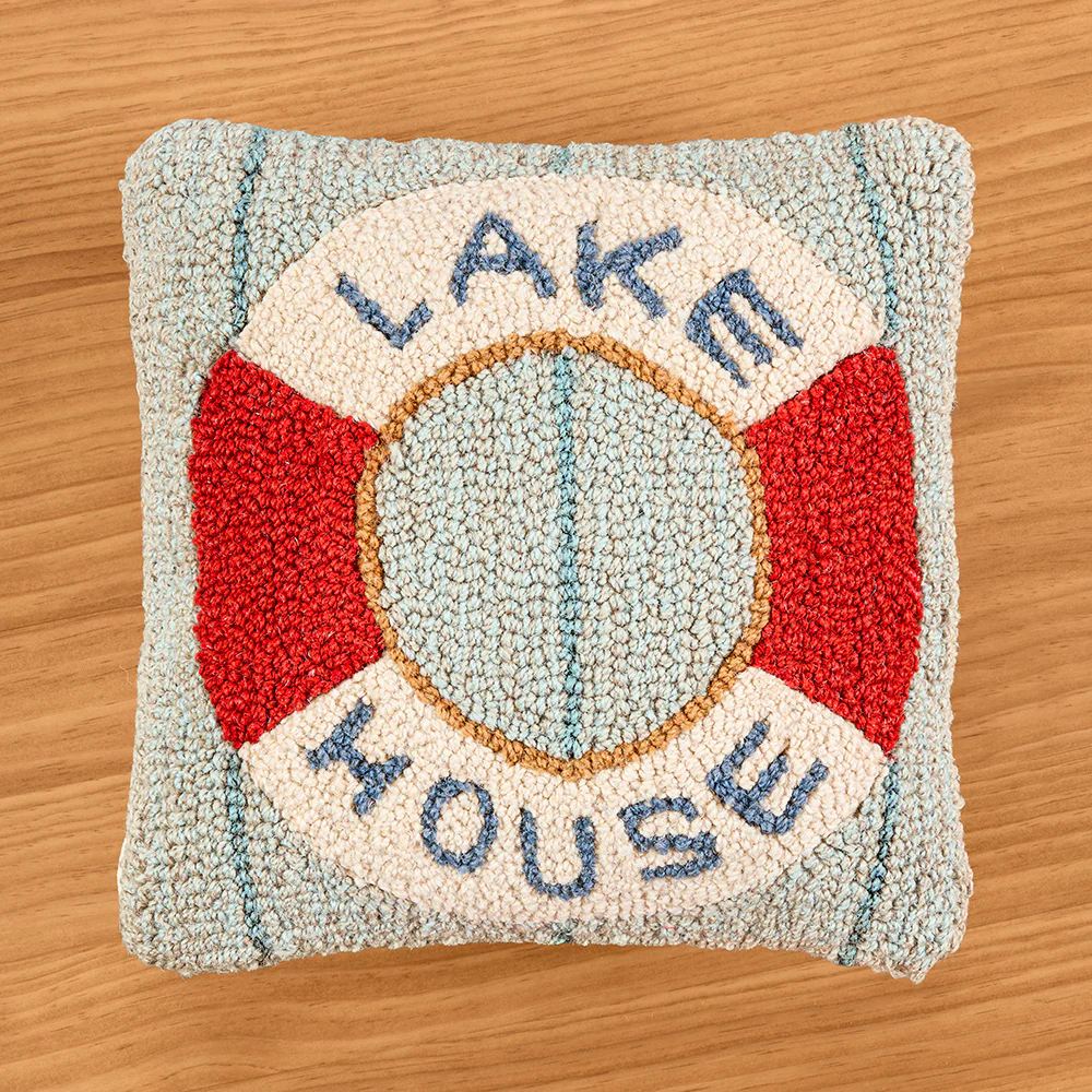 Chandler 4 Corners 14" Hooked Wool Pillow, "Lake House" Life Preserver