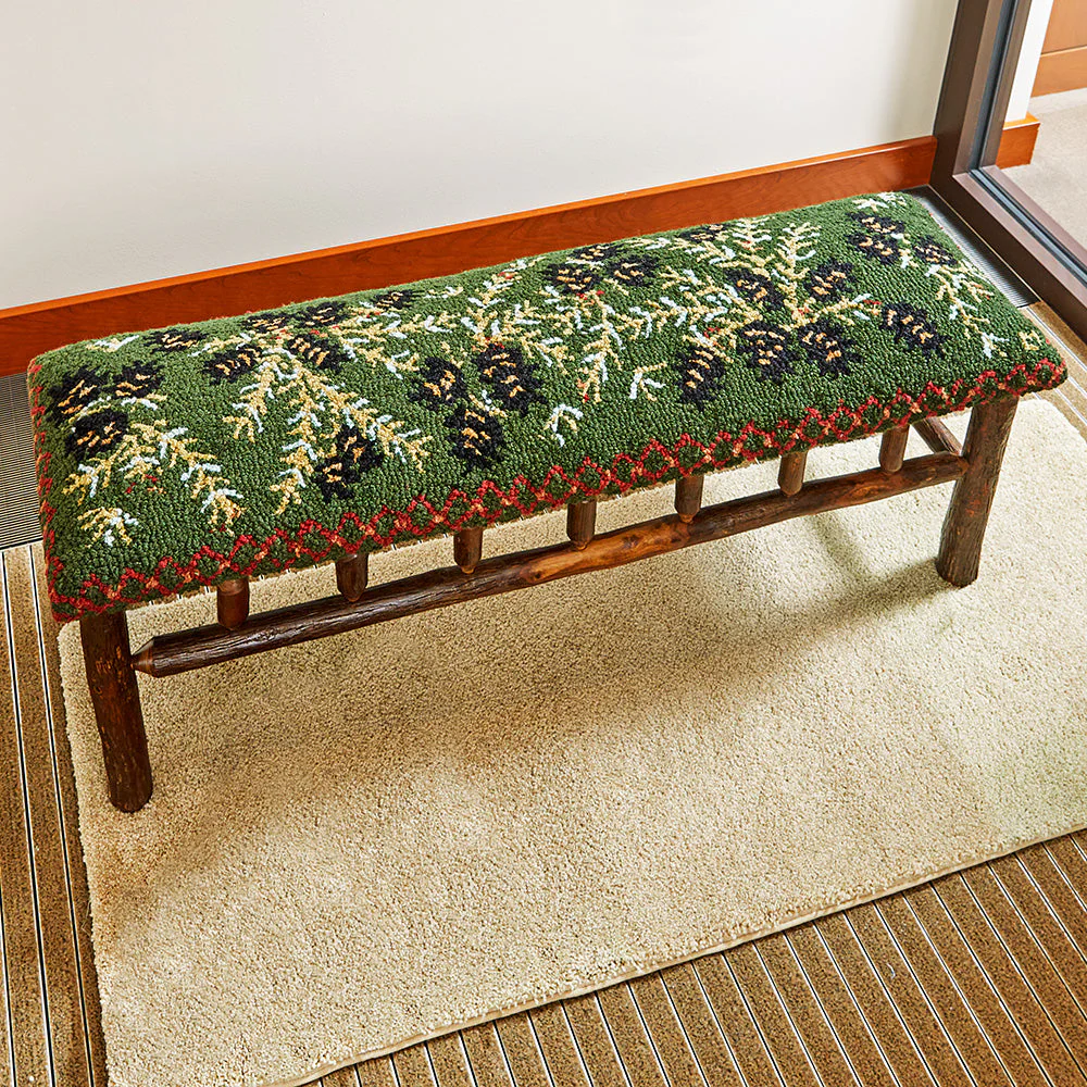 Chandler 4 Corners 48" Hickory Bench with Hooked Wool Seat, Diamond Pine - Image 2