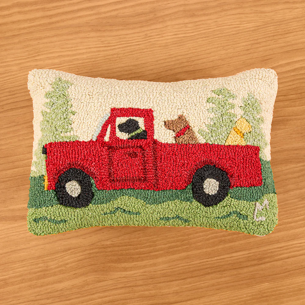 Chandler 4 Corners Hooked Wool Pillow, Dog Caravan