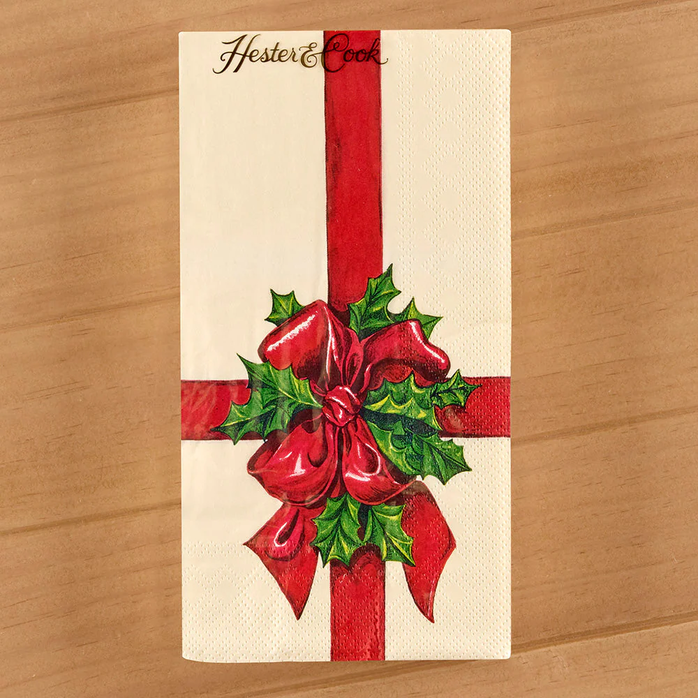 Hester & Cook Paper Napkins, Christmas Present Bow and Holly - Image 3