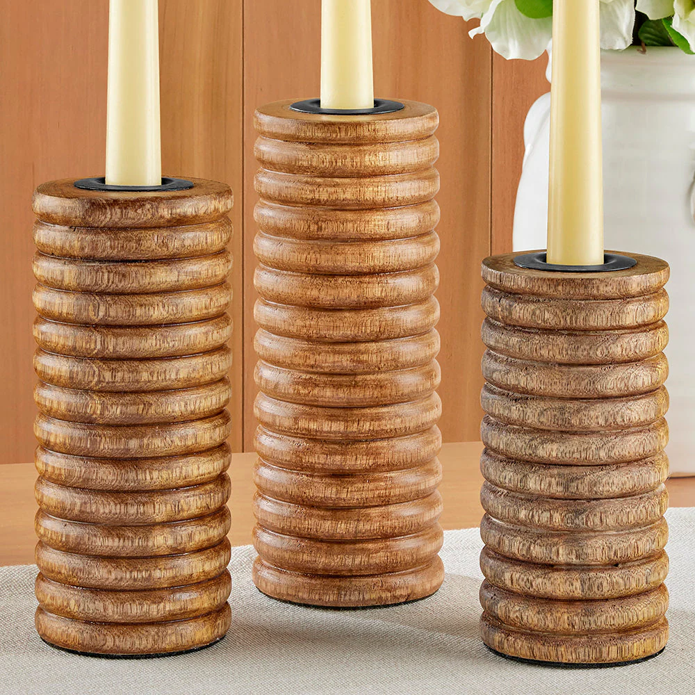 Ribbed Mango Wood Taper Candleholder - Image 2
