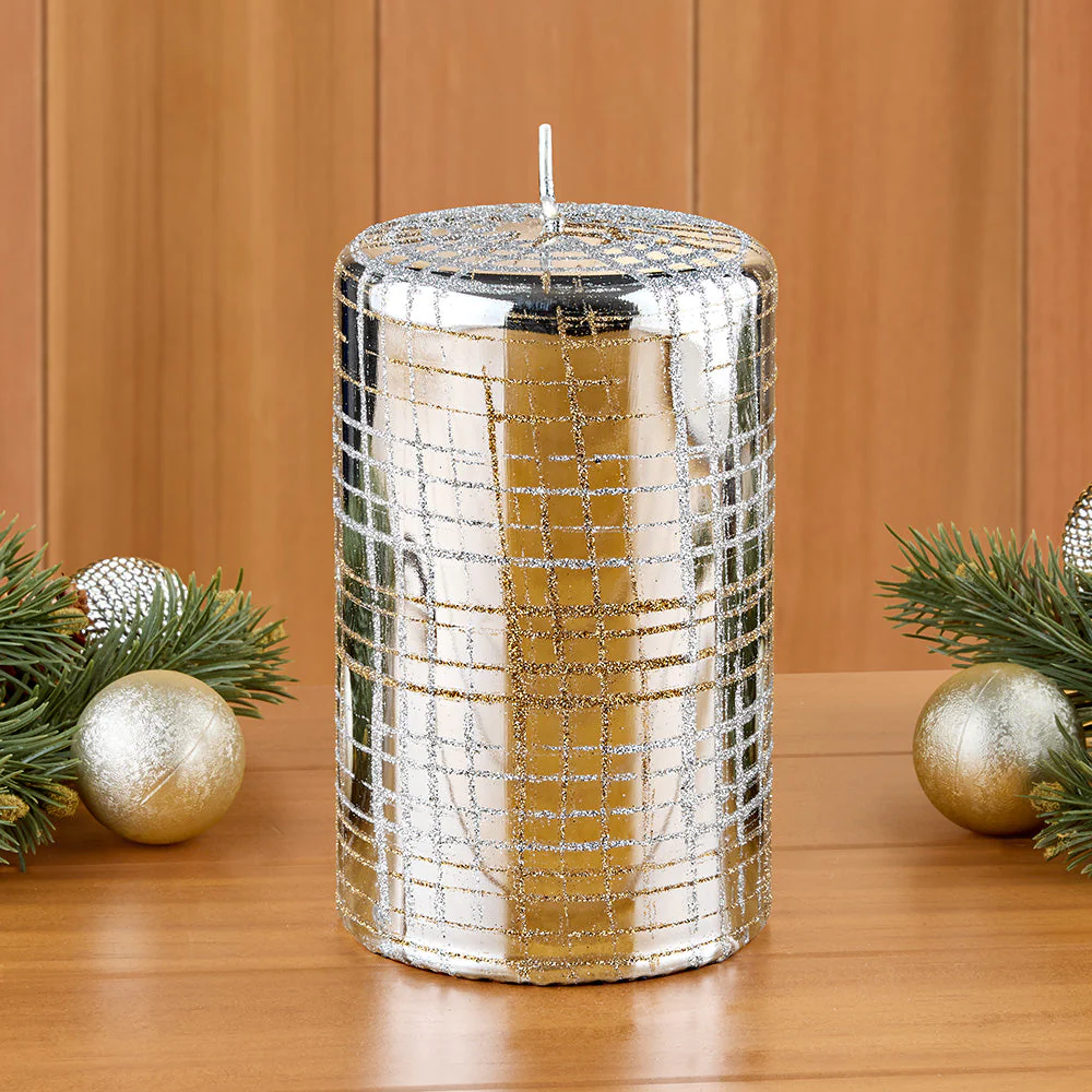 Zodax Metallic Pillar Candles, Glitter Weave